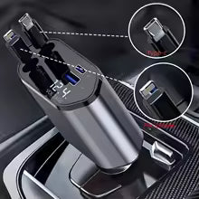 Retractable Car Charger, 4 in 1 Fast Charging Car Charger 120W, Retractable Cable and 2 USB Ports Car Charger Adapter Compatible