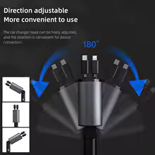 Retractable Car Charger, 4 in 1 Fast Charging Car Charger 120W, Retractable Cable and 2 USB Ports Car Charger Adapter Compatible