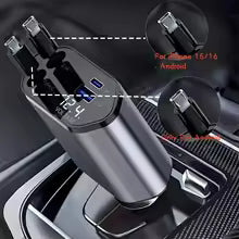 Retractable Car Charger, 4 in 1 Fast Charging Car Charger 120W, Retractable Cable and 2 USB Ports Car Charger Adapter Compatible