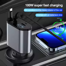 Retractable Car Charger, 4 in 1 Fast Charging Car Charger 120W, Retractable Cable and 2 USB Ports Car Charger Adapter Compatible